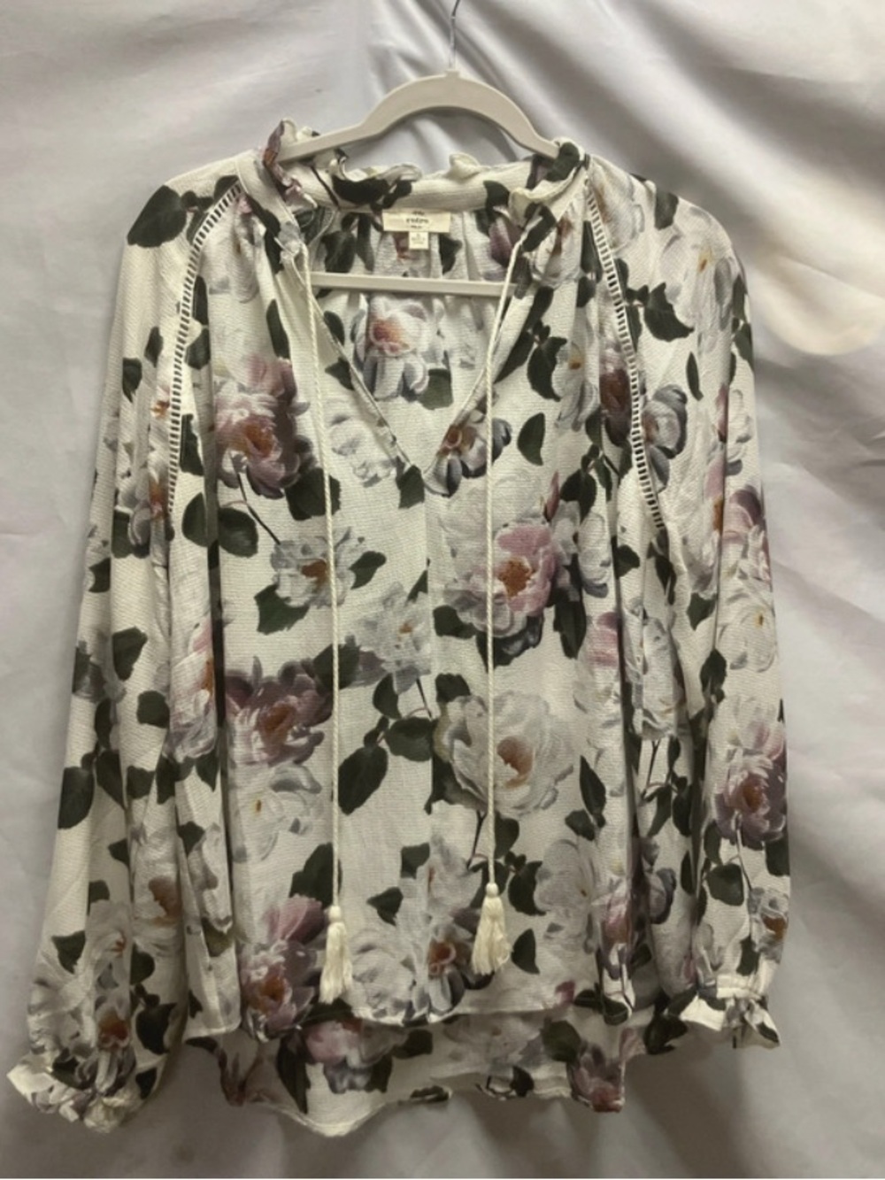 entro White Floral Tie-Neck Blouse with Pink & Olive Accents